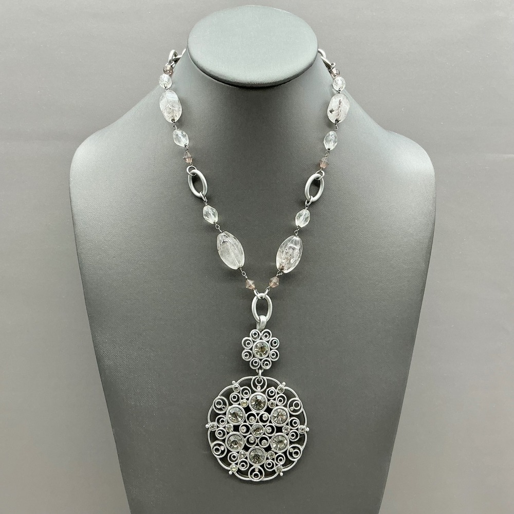 Lia Sophia Necklace Women Silver Tone Crystal Beaded Medallion Pendant Jewelry